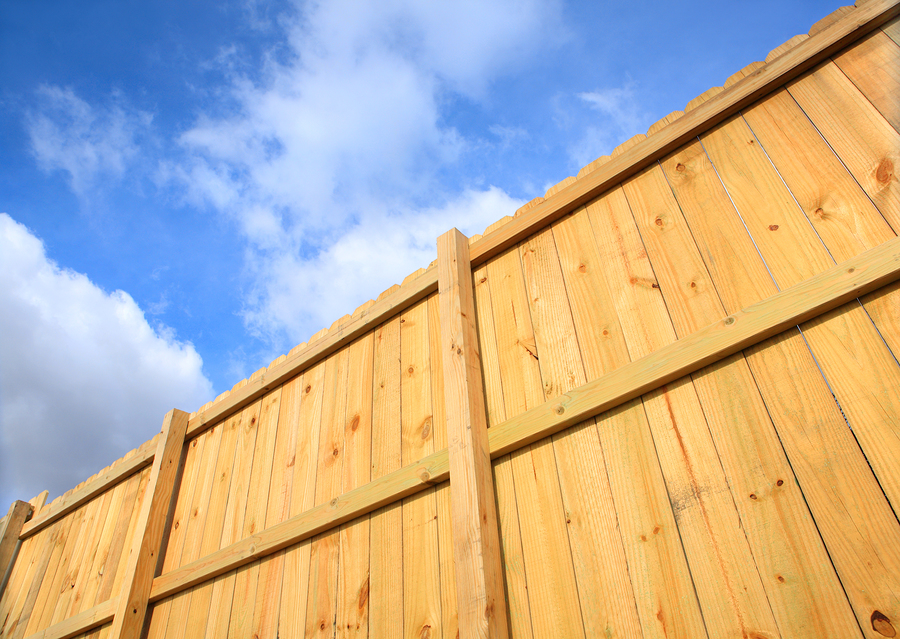 a wooden fence cuts diagonally across the screen with a blue sky and white puffy clouds